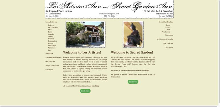 Website screenshot of Secret Garden Inn - Bed & breakfasts in 1140 Camino Del Mar