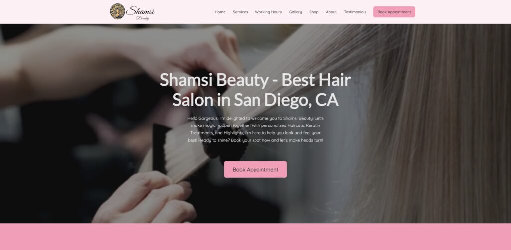 Website screenshot of Shamsi Beauty & Hair Salon - Hair salons and beauty services in 10951 Sorrento Valley Rd suite 1-e