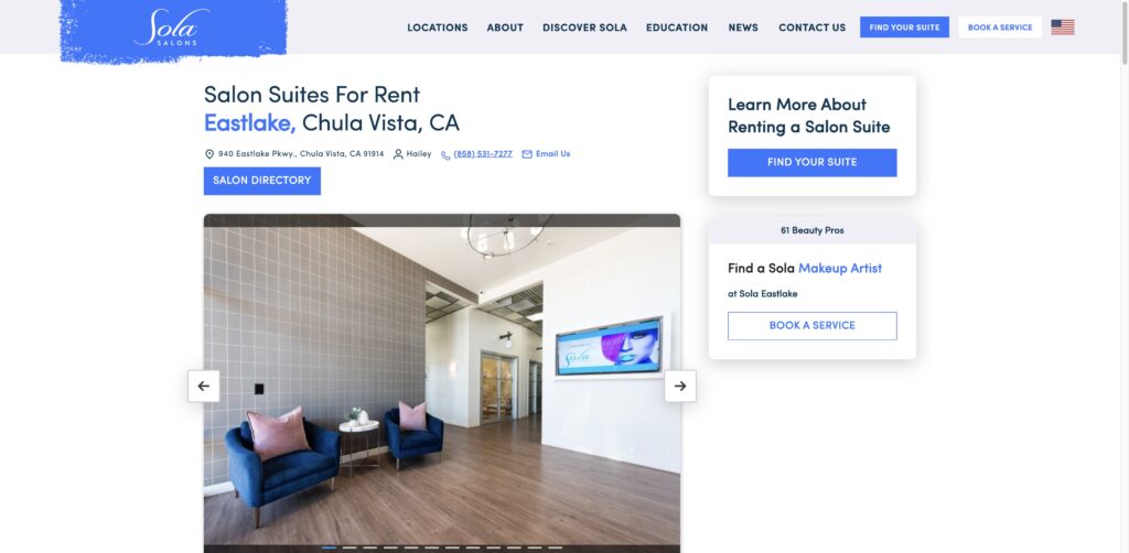 Website screenshot of Sola Salon Studios - Hair salons and beauty services in 940 Eastlake Pkwy