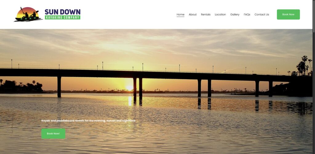 Website screenshot of Sun Down Kayaking Company - Water sports rental companies in San Fernando