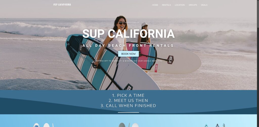Website screenshot of SUP California - Stand Up Paddleboard Rentals - Water sports rental companies in 4090 Dawes St #5012