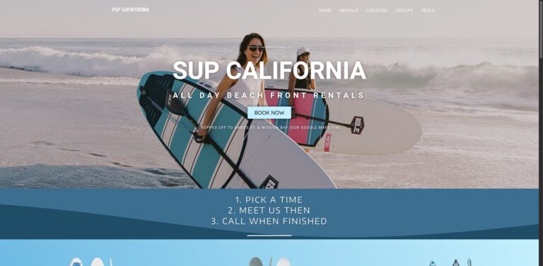 Website screenshot of SUP California - Stand Up Paddleboard Rentals - Water sports rental companies in 4090 Dawes St #5012