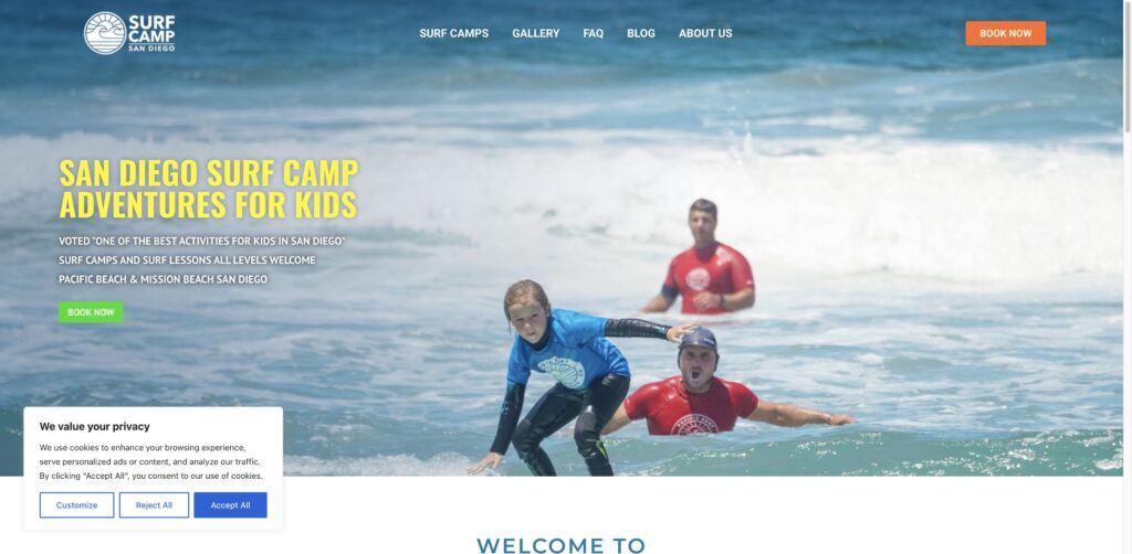 Website screenshot of Surf Camp San Diego - Surf schools and instructors in 5037 Newport Ave