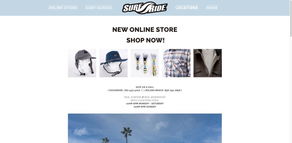 Website screenshot of Surf Ride Boardshop - Surf schools and instructors in 1909 S Coast Hwy