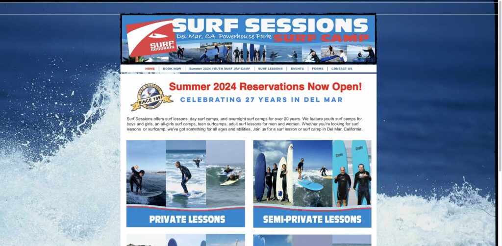 Website screenshot of Surf Sessions - Surf schools and instructors in 1658 Coast Blvd