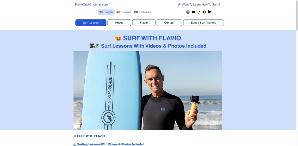 Website screenshot of Surf With Flavio - Surfing Lessons For Beginners With Videos & Photos Included - Surf schools and instructors in 3095 Ocean Front Walk