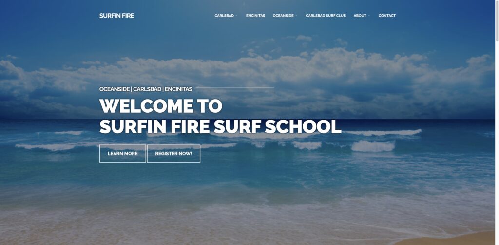 Website screenshot of Surfin Fire Surf School - Oceanside Pier - Surf schools and instructors in 235 The Strand N Downtown Oceanside
