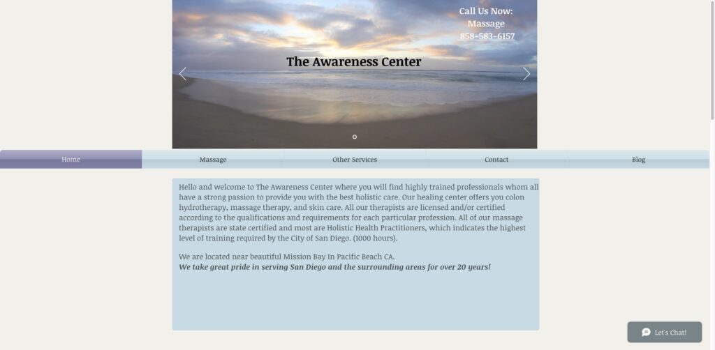 Website screenshot of The Awareness Center - Massage and wellness centers in 2180 Garnet Ave Suite 1L