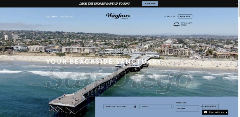 Website screenshot of The Wayfarer San Diego - Bed & breakfasts in 707 Pacific Beach Dr
