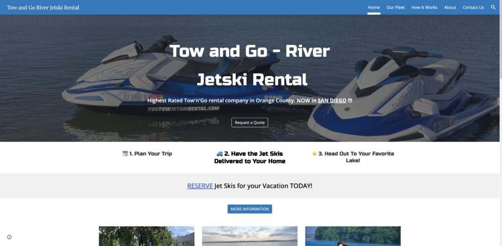 Website screenshot of Tow and Go River Jetski Rental - Water sports rental companies in 2342 Chalcedony St