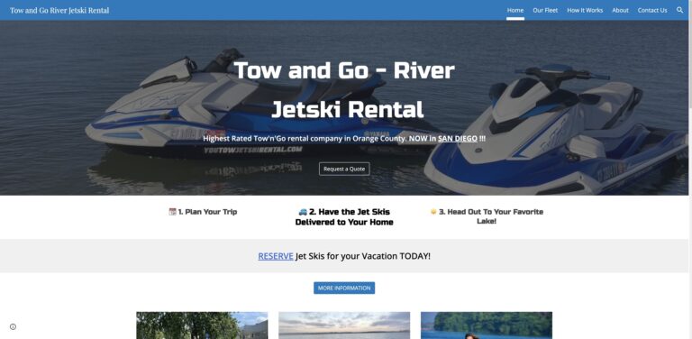 Website screenshot of Tow and Go River Jetski Rental - Water sports rental companies in 2342 Chalcedony St