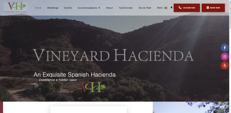 Website screenshot of Vineyard Hacienda - Bed & breakfasts in 12685 Campo Rd