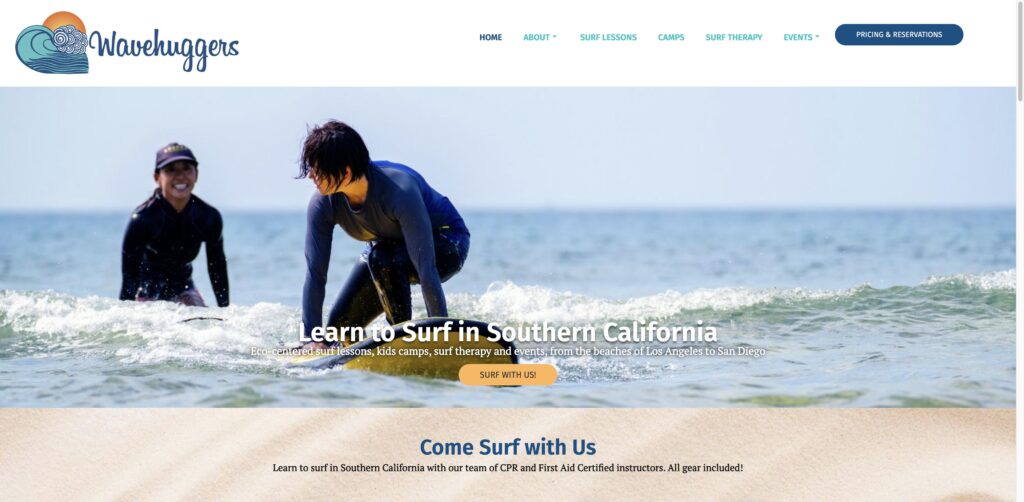 Website screenshot of Wavehuggers - Surf schools and instructors in 7201 Carlsbad Blvd