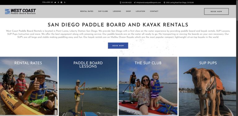 Website screenshot of West Coast Paddle Board Rentals - Water sports rental companies in 2592 Laning Rd