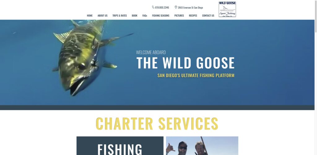 Website screenshot of Wild Goose Fishing Charters - Fishing charters in 2805 Dickens St UNIT 102
