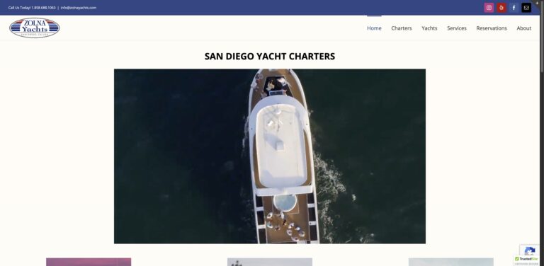 Website screenshot of Zolna Yachts - Water sports rental companies in 1380 Harbor Island Dr